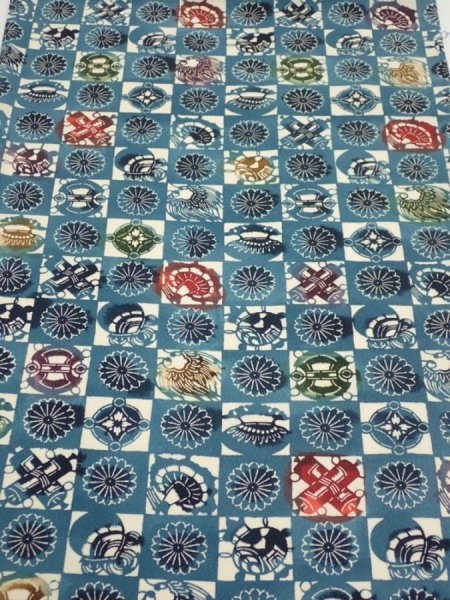 Photo1: 1U02z60  Japanese Kimono Silk  FABRIC Takaradzukushi Blue-Gray 40.2x14.0 (1)