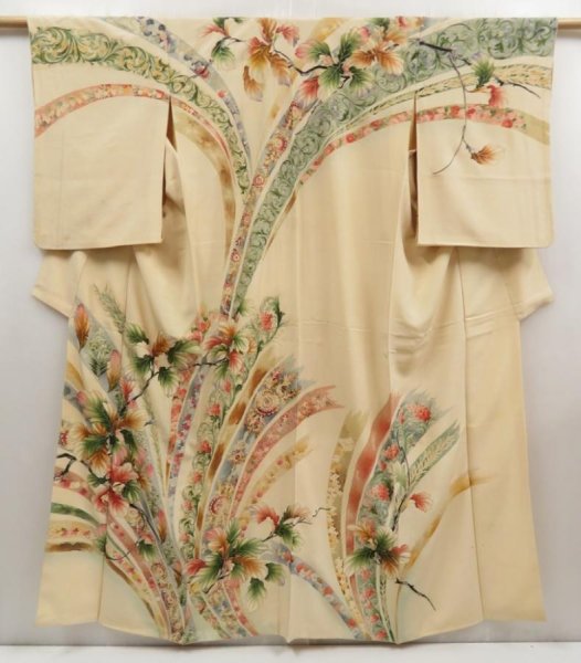 Photo1: 5025T04z780 Vintage Japanese Kimono Silk TSUKESAGE Flowers Sand beige (1)