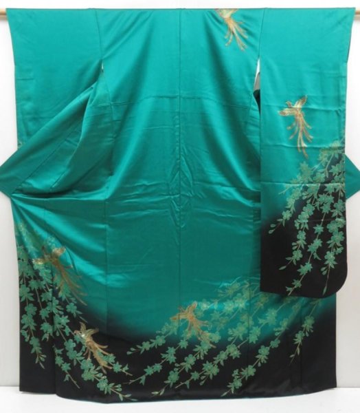 Photo1: 5025T12z1210  Japanese Kimono Silk FURISODE Phoenix Cyan (1)