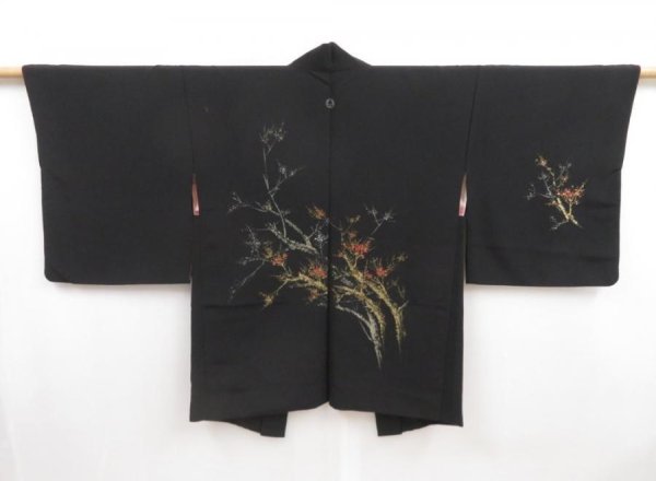 Photo1: 5027T06z580 Vintage Japanese Kimono Silk HAORI Plum tree Black (1)