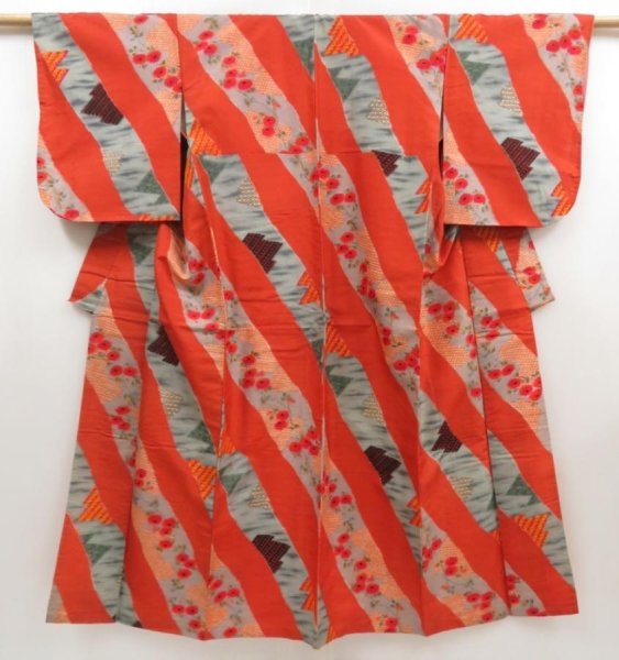 Photo1: 5027T08z690 Vintage Japanese Kimono Silk MEISEN KOMON Flower Orangered (1)