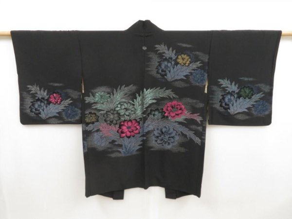 Photo1: 5027T09z650 Vintage Japanese Kimono Silk HAORI Flower Black (1)