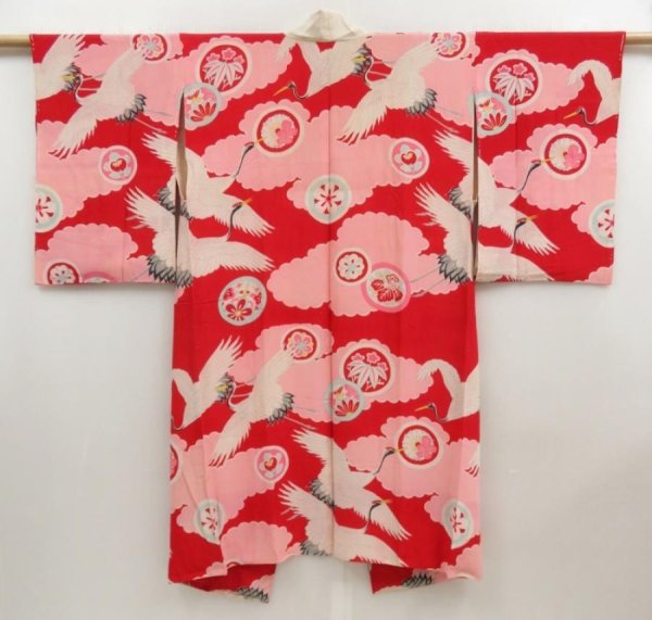 Photo1: 5104T03z490 Vintage Japanese Kimono Silk JUBAN Flying crane Red (1)