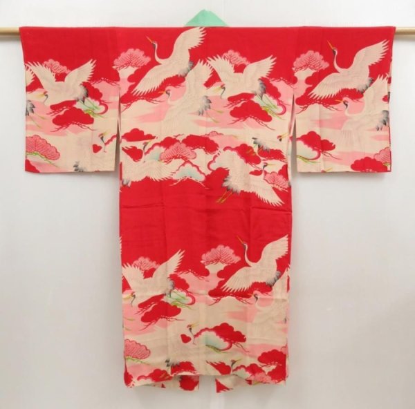 Photo1: 5104T02z430 Antique Japanese Kimono Silk JUBAN Flying crane Red (1)