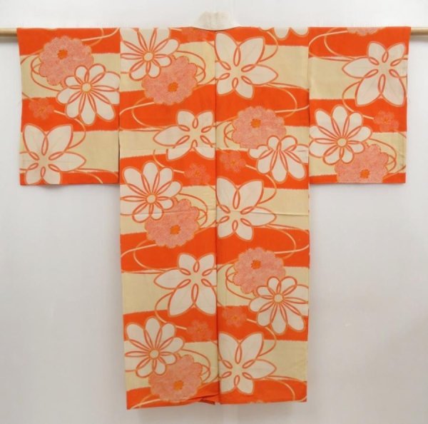 Photo1: 5104T03z270 Antique Japanese Kimono Silk JUBAN Flowers Dark orange (1)