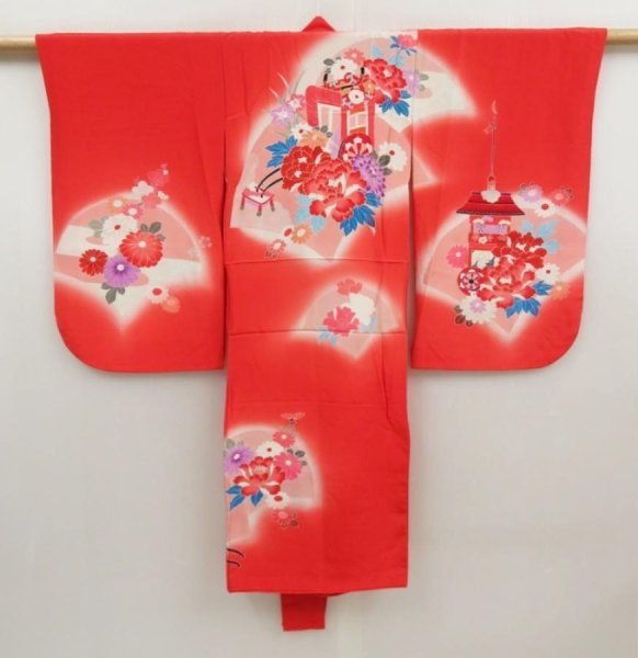 Photo1: 5105T03z360 Vintage Japanese Kimono Silk Girl's  Peony Tomato red (1)