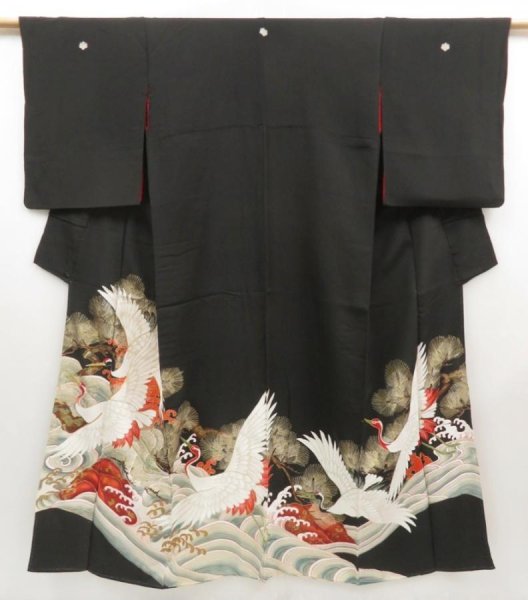 Photo1: 5105T08z740 Vintage Japanese Kimono Silk TOMESODE Flying crane Black (1)