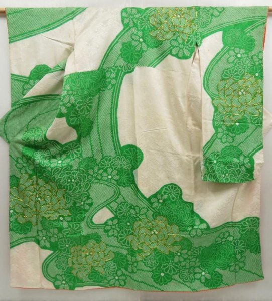 Photo1: 5105T10z1110 Vintage Japanese Kimono Silk SHIBORI FURISODE Peony Green (1)