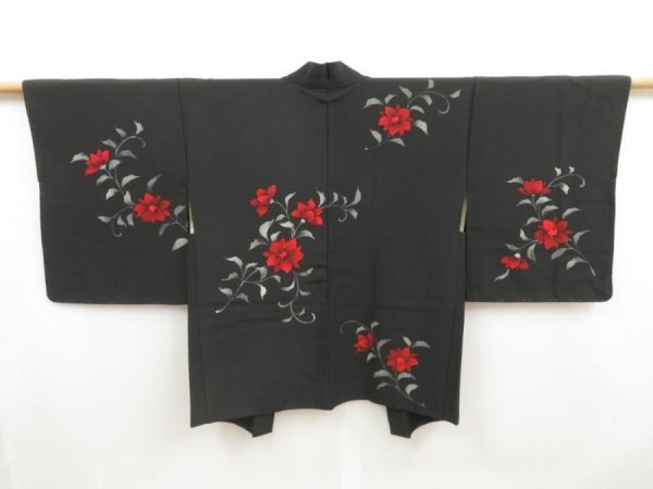 Photo1: 5105T11z600 Vintage Japanese Kimono Silk HAORI Flower Black (1)