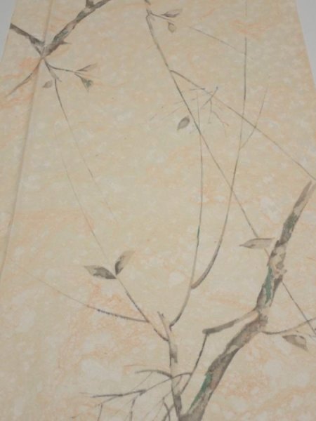 Photo1: 1T04z90  Japanese Kimono Silk  FABRIC Suminagashi Off-white 66.9x14.4 (1)