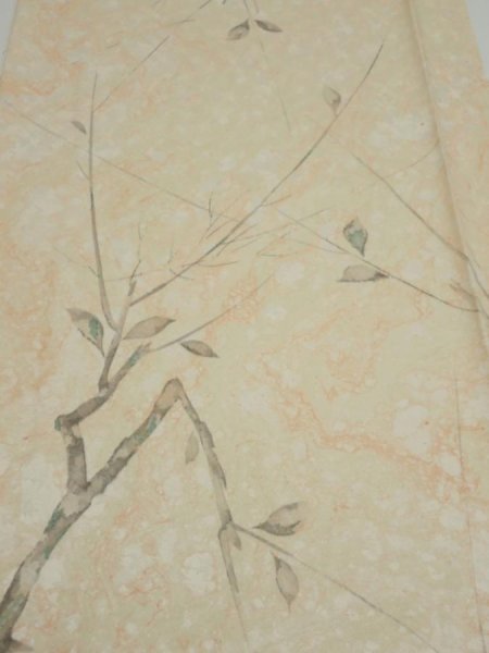 Photo1: 1T05z90  Japanese Kimono Silk  FABRIC Suminagashi Off-white 66.9x14.4 (1)