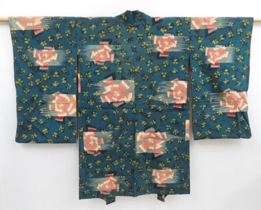 3410T11z490 Vintage Japanese Kimono Silk MEISEN HAORI Flower Dull cyan ...