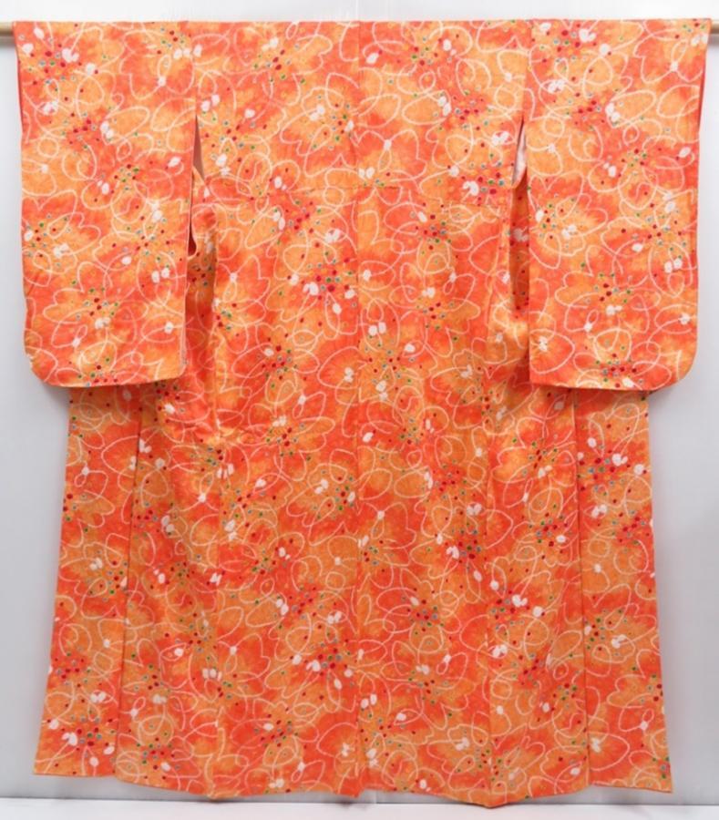 3922T13z1000 Japanese Kimono Silk KOMON Flower Orangered - kyoutokiyou