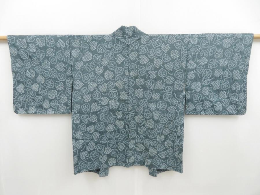 4510T02z420 Vintage Japanese Kimono Silk SHIBORI HAORI Leaf Dull cyan