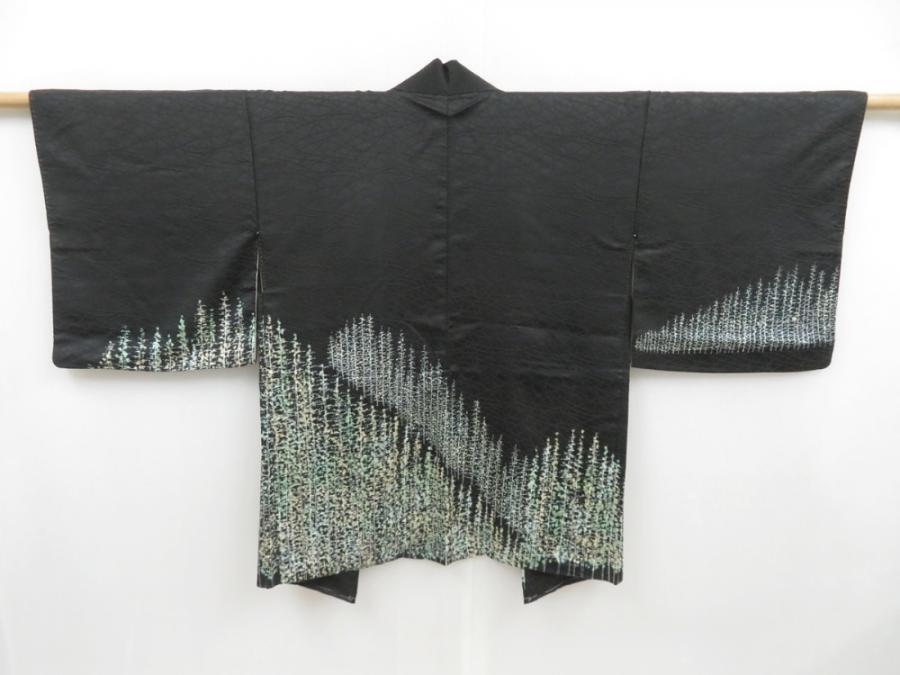 4511T04z570 Vintage Japanese Kimono Silk HAORI Trees Black