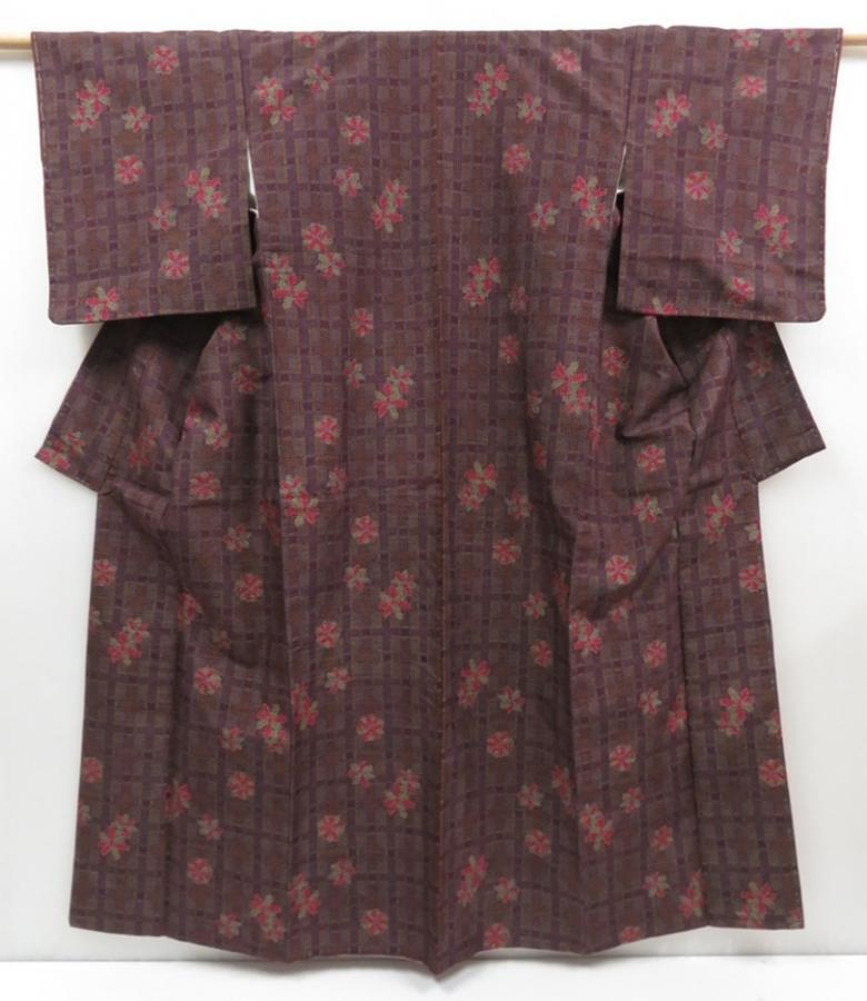 4511T08z720 Vintage Japanese Kimono Silk TSUMUGI Flower Purple-Brown