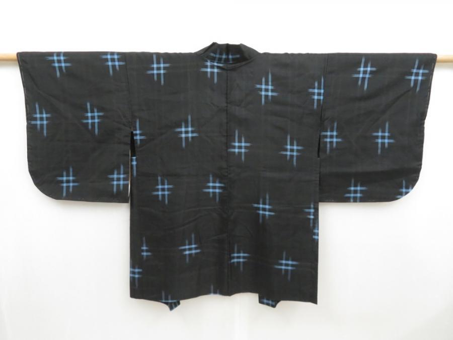 4512T03z400 Vintage Japanese Kimono Silk MEISEN HAORI Kasuri Black