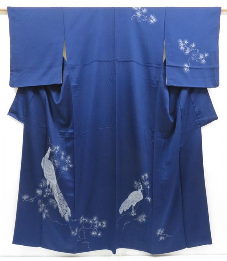 4513T07z940  Japanese Kimono Silk TSUKESAGE Peacock Navy