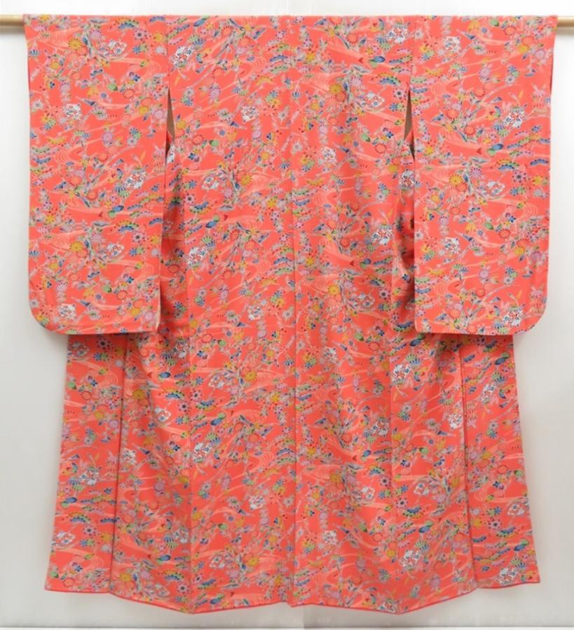 4513T09z950  Japanese Kimono Silk KOMON Flowers Coral pink