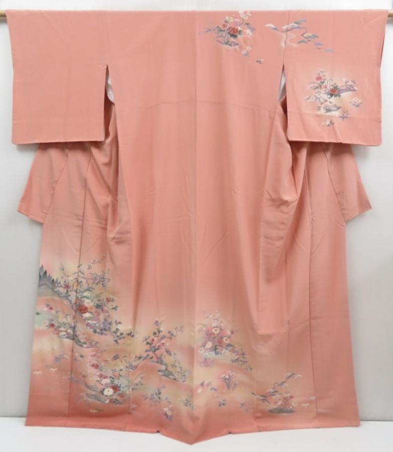 4517T06z970  Japanese Kimono Silk TSUKESAGE Flowers Dark salmon