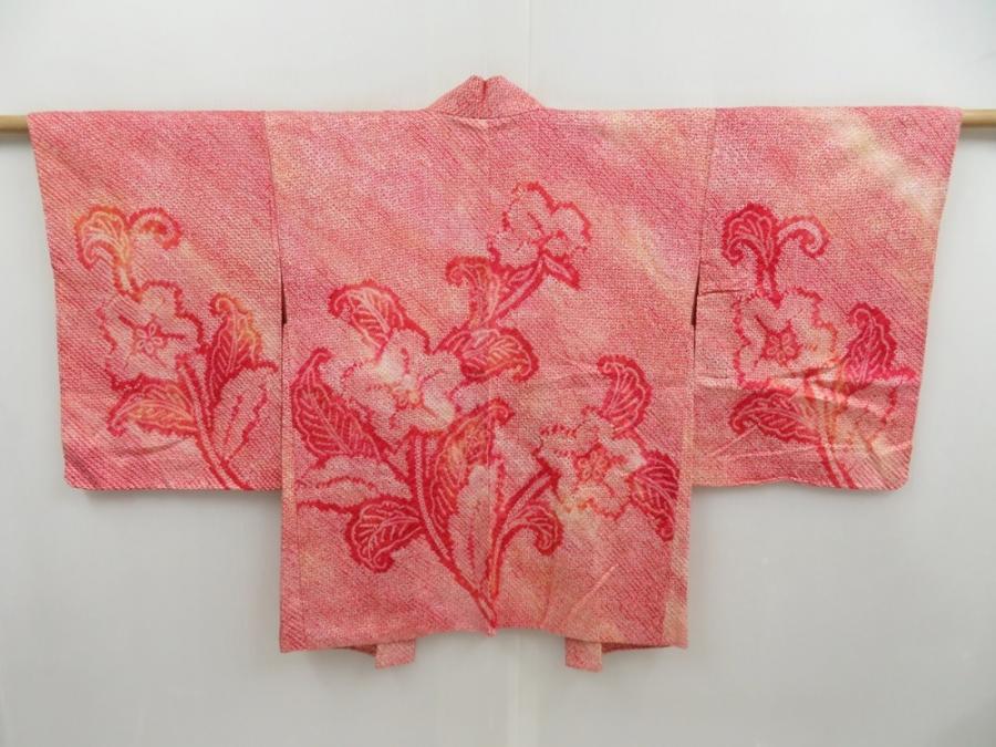 4518T02z450 Vintage Japanese Kimono Silk SHIBORI HAORI Flower Red-Pink