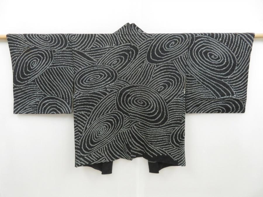 4518T06z470 Vintage Japanese Kimono Silk SHIBORI HAORI Ripple Black