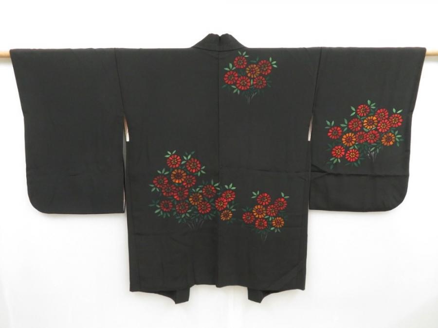 4518T08z680 Vintage Japanese Kimono Silk HAORI Flower Black