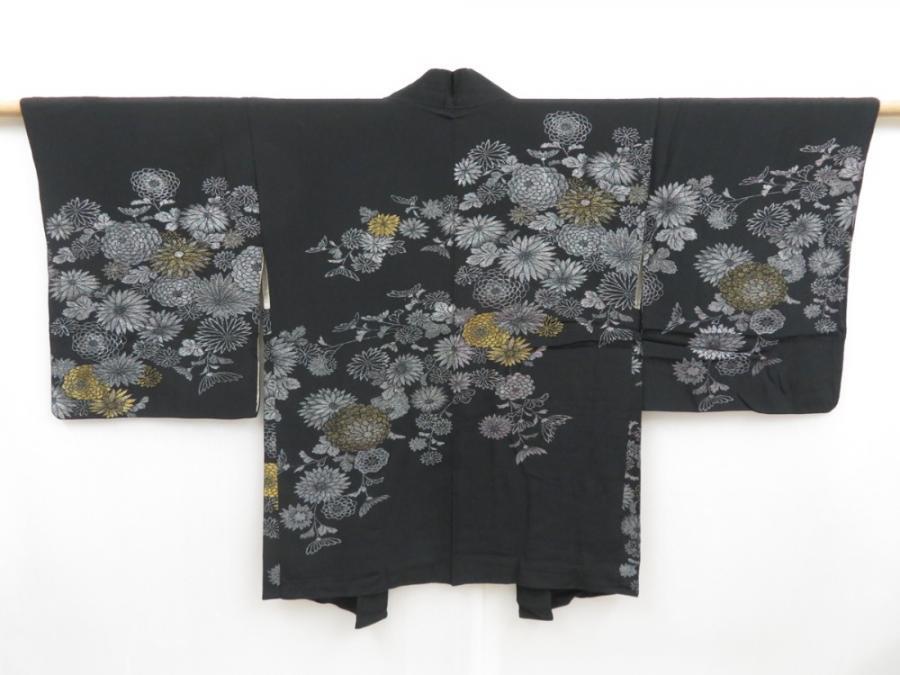 4518T12z660 Vintage Japanese Kimono Silk HAORI Chrysanthemum Black