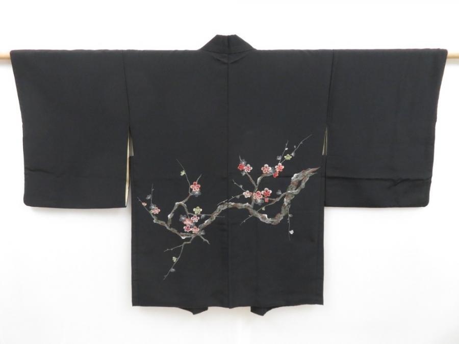 4518T13z610 Vintage Japanese Kimono Silk HAORI Plum branch Black