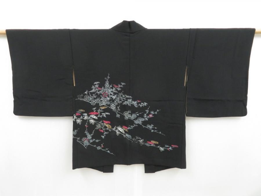 4518T14z560 Vintage Japanese Kimono Silk HAORI Chrysanthemum Black