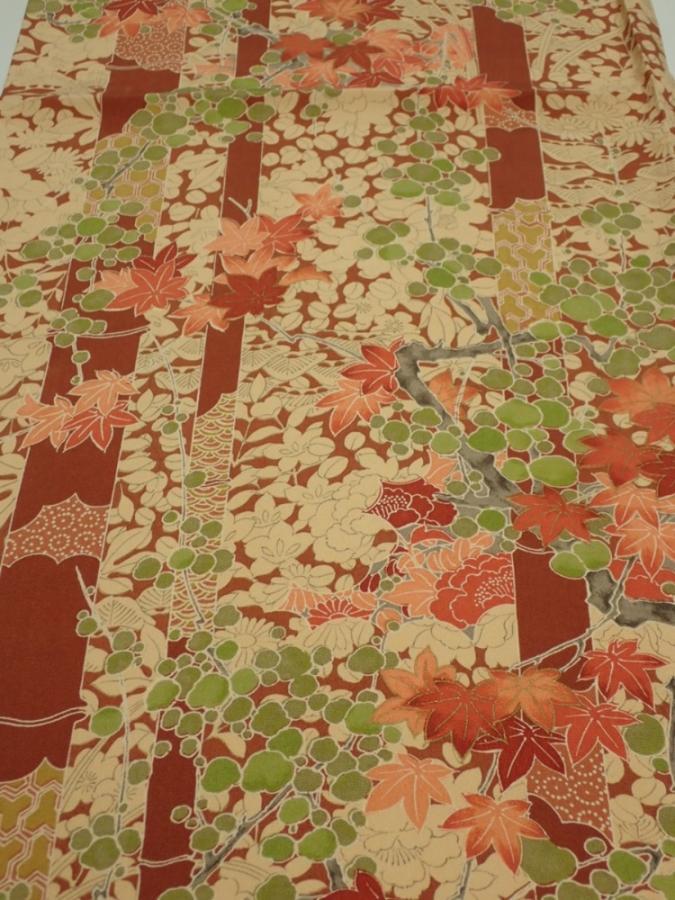 2W02z60  Japanese Kimono Silk  FABRIC Plum branch Brown 41.7x14.2