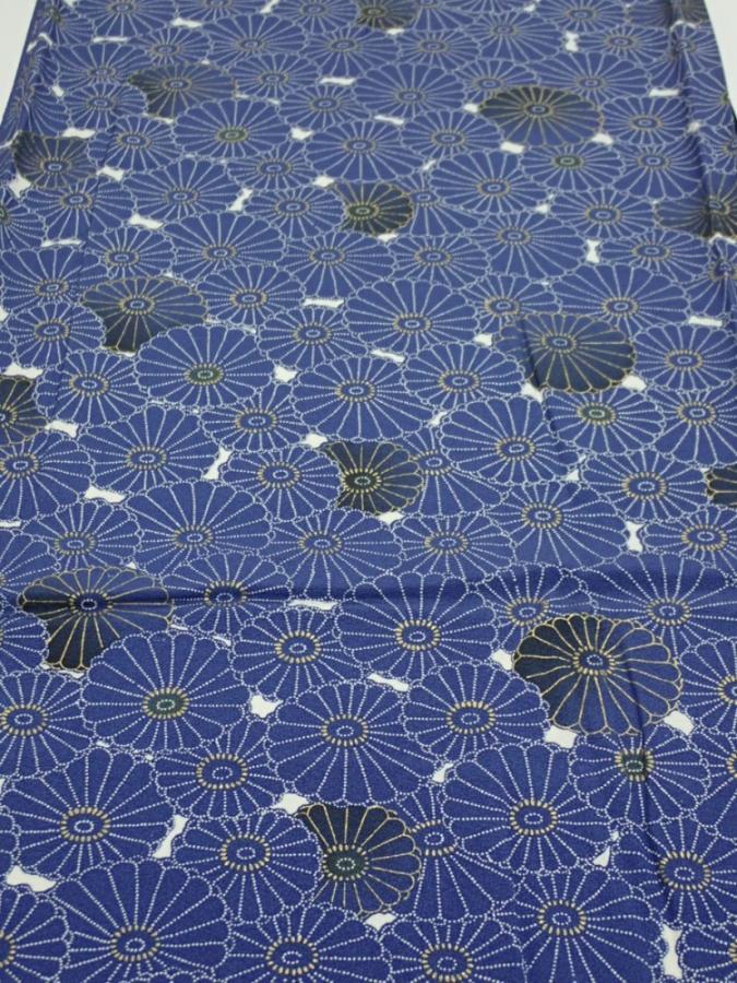 2W04z90  Japanese Kimono Silk  FABRIC Chrysanthemum Navy 64.6x14.0