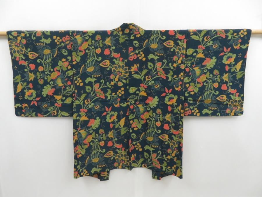 4706T05z560 Vintage Japanese Kimono Silk HAORI Flowers Dark cyan