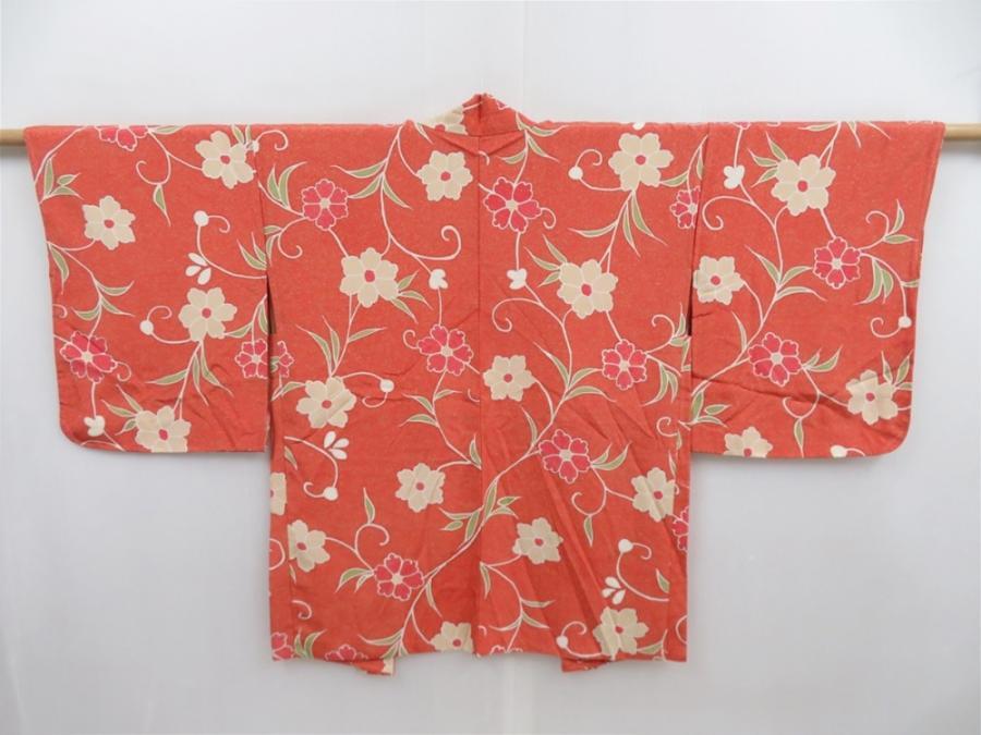 4706T08z550 Vintage Japanese Kimono Silk HAORI Flower Dark coral