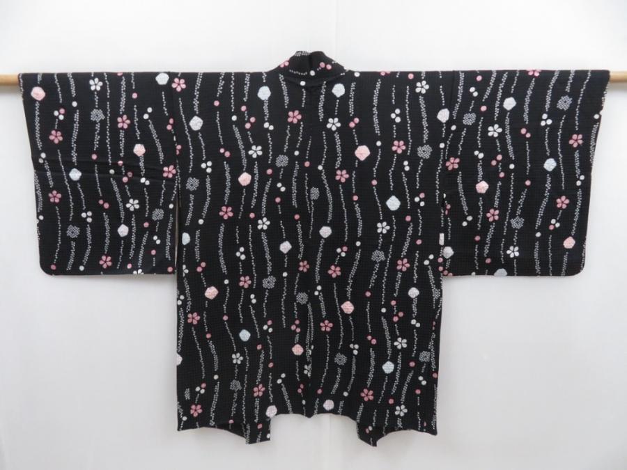 4706T10z580 Vintage Japanese Kimono Silk HAORI Flower Black