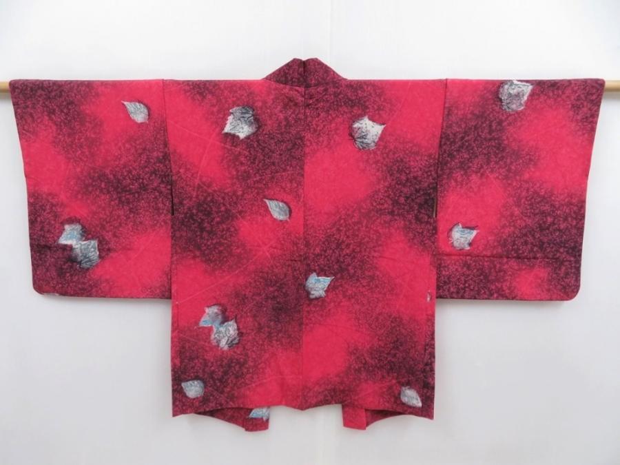 4706T02z500 Vintage Japanese Kimono Silk HAORI Leaf Red-Pink