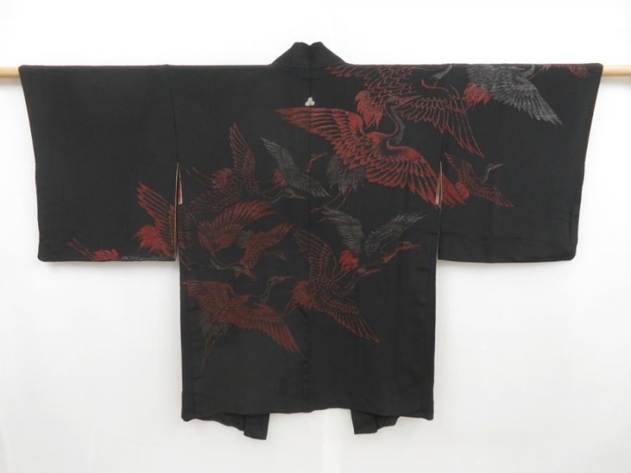 4706T04z560 Vintage Japanese Kimono Silk HAORI Flying crane Black