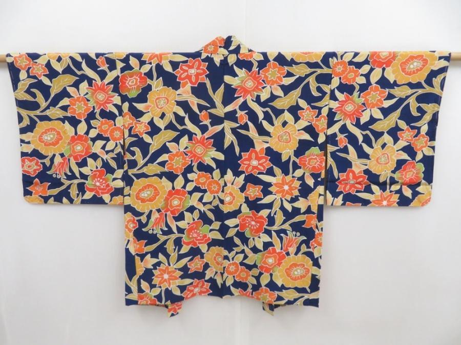 4714T03z550 Vintage Japanese Kimono Silk HAORI Flowers Dark navy