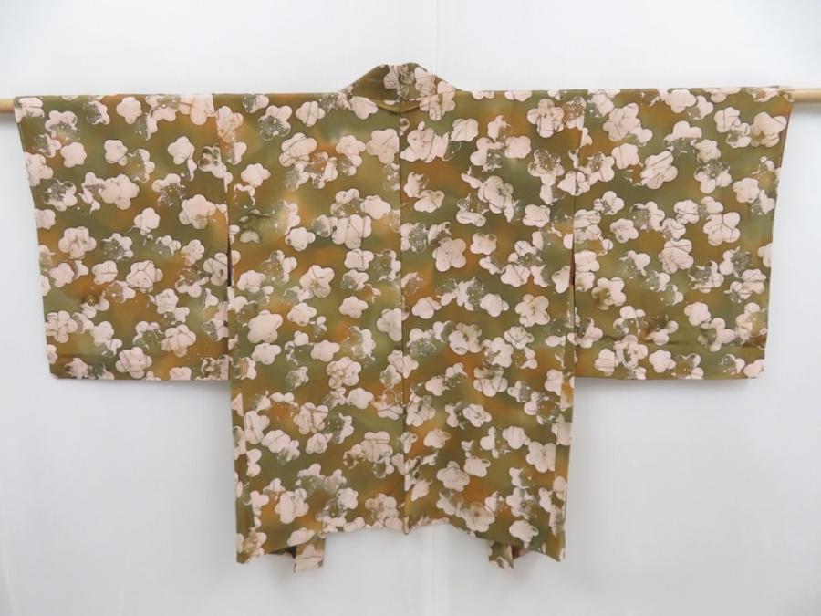 4714T05z580 Vintage Japanese Kimono Silk HAORI Flower Yellow ochre