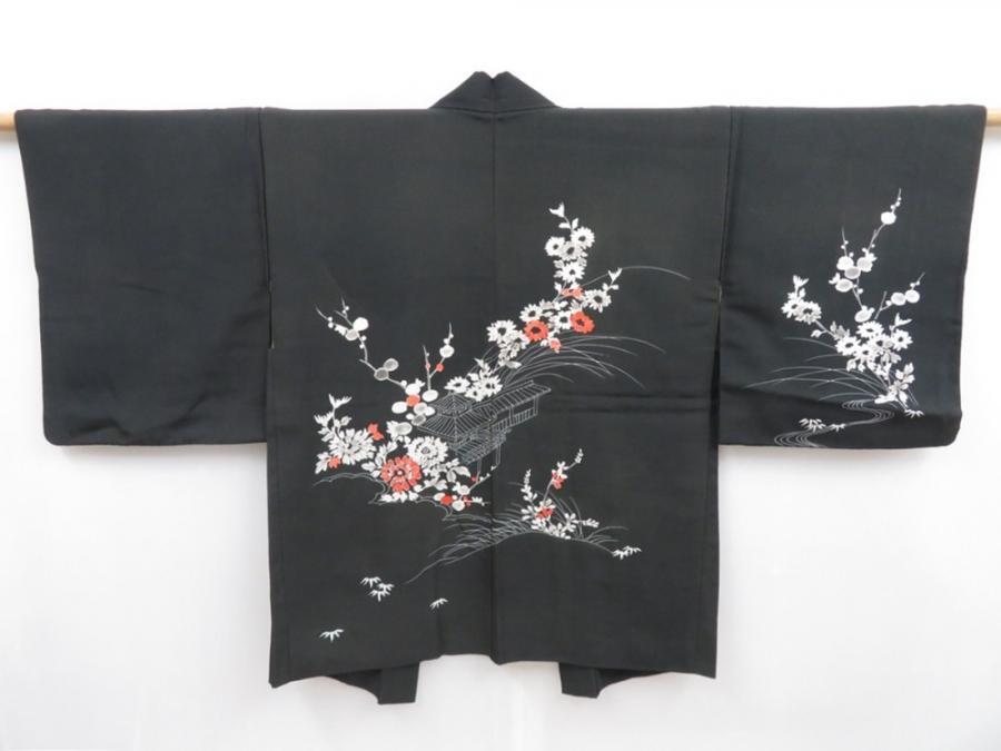 4714T11z640 Vintage Japanese Kimono Silk HAORI Flowers Black