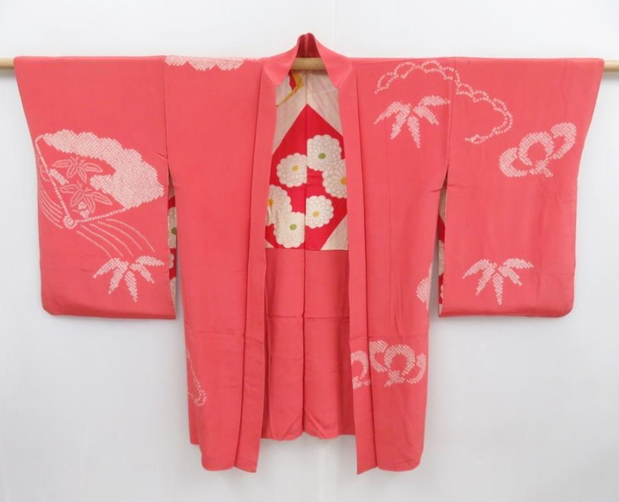 4714T13z610 Vintage Japanese Kimono Silk LONG HAORI Coral pink