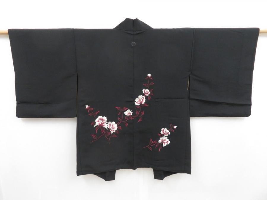 4714T14z560 Vintage Japanese Kimono Silk HAORI Flower Black