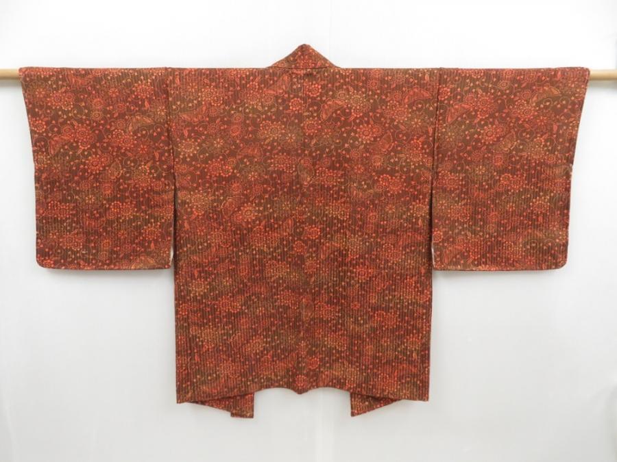 4718T08z580 Vintage Japanese Kimono Silk HAORI Flowers Brown