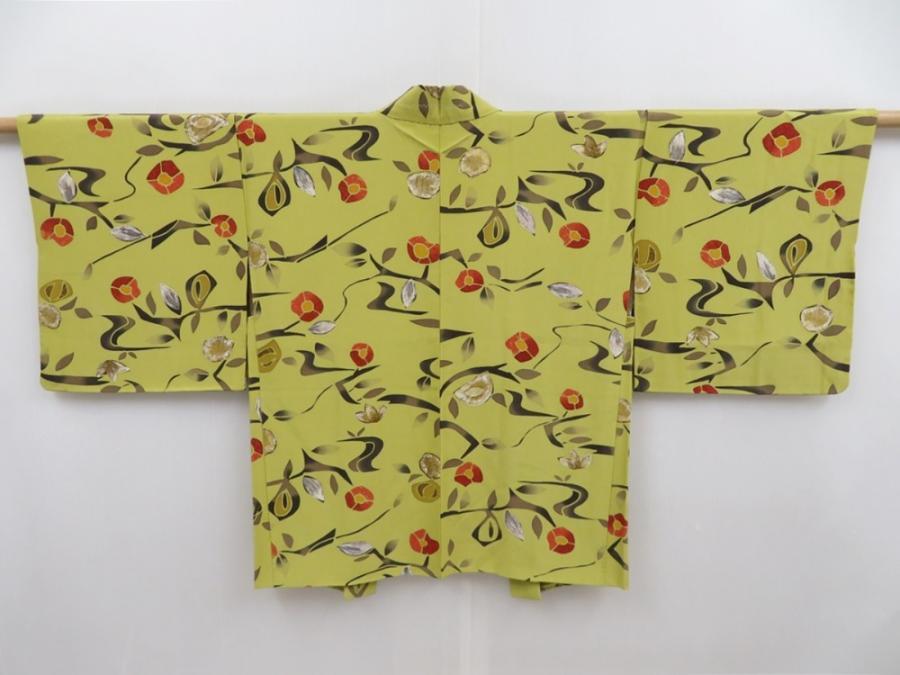 4718T09z560 Vintage Japanese Kimono Silk HAORI Camellia Yellow green