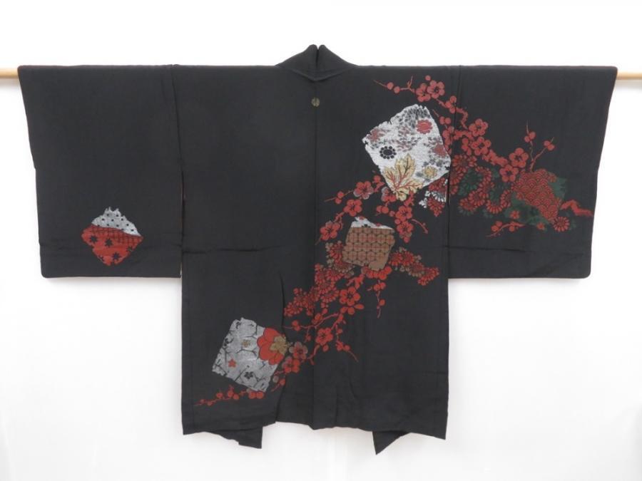 4718T10z500 Vintage Japanese Kimono Silk HAORI Plum blossom Black