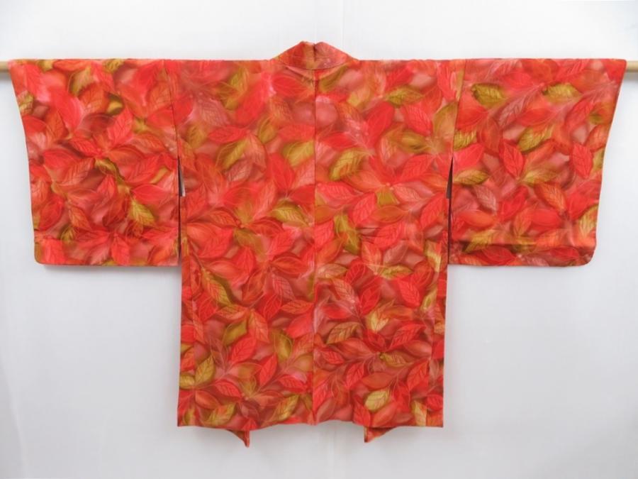 4720T04z630 Vintage Japanese Kimono Silk HAORI Leaf Tomato red