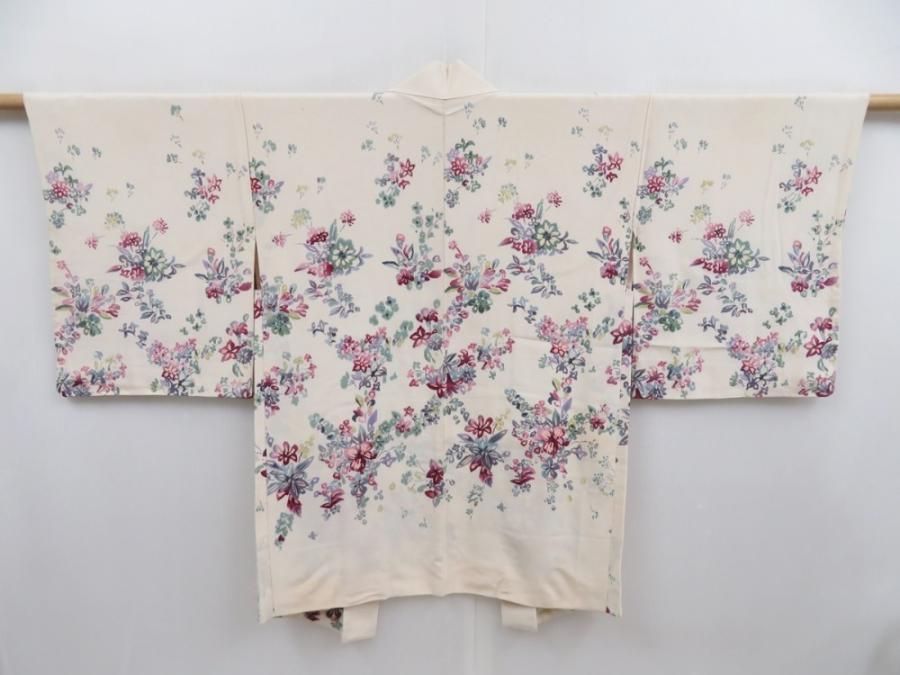 4720T05z560 Vintage Japanese Kimono Silk HAORI Flowers Off-white