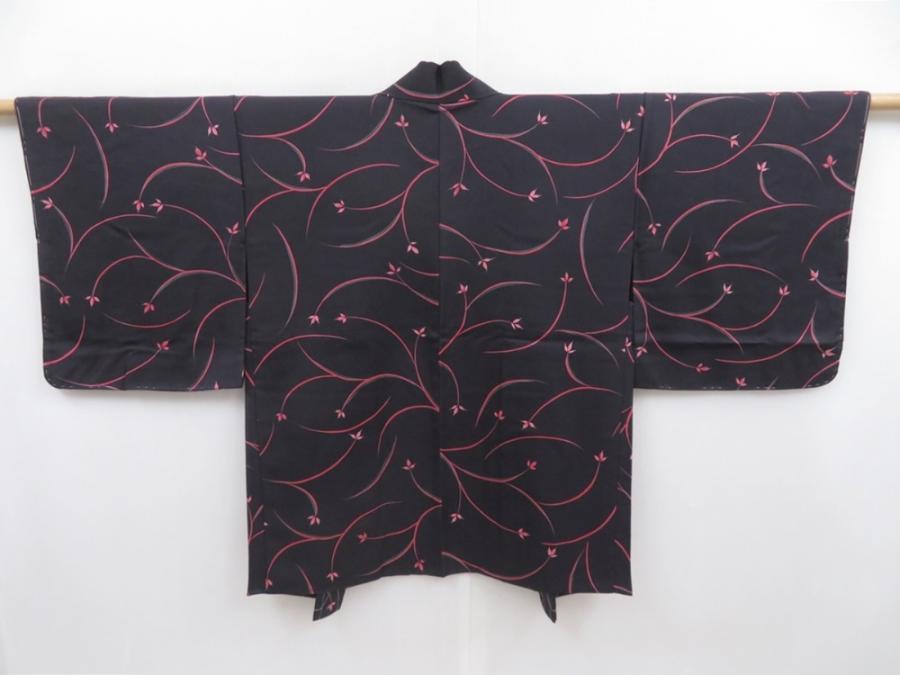 4720T07z560 Vintage Japanese Kimono Silk HAORI Leaf Purple-Black