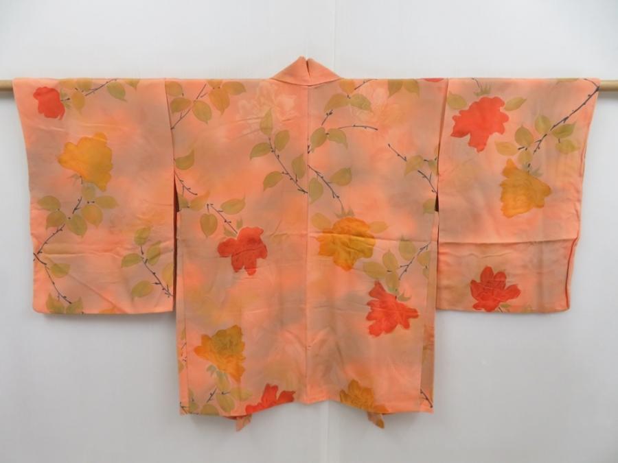 4720T09z570 Vintage Japanese Kimono Silk HAORI Flower Dark coral