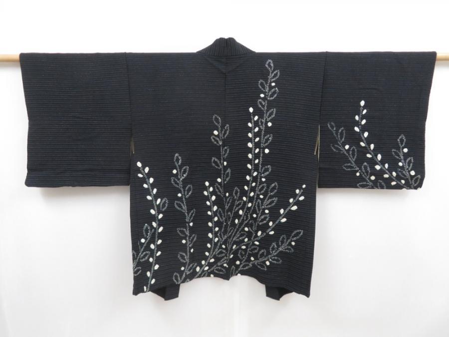 4720T12z570 Vintage Japanese Kimono Silk HAORI Leaf Black